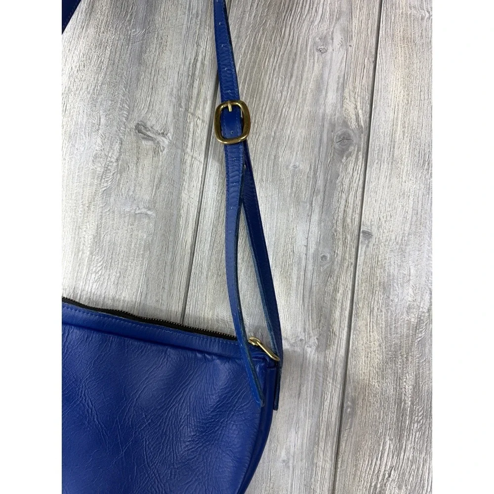 Directive Cobalt Blue Leather Half Moon Crossbody Bag Adjustable Strap Brass